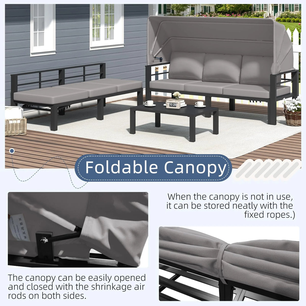 AECOJOY Patio Furniture Set with Retractable Canopy&2 Adjustable Backrests, Outdoor Conversation Set, Grey