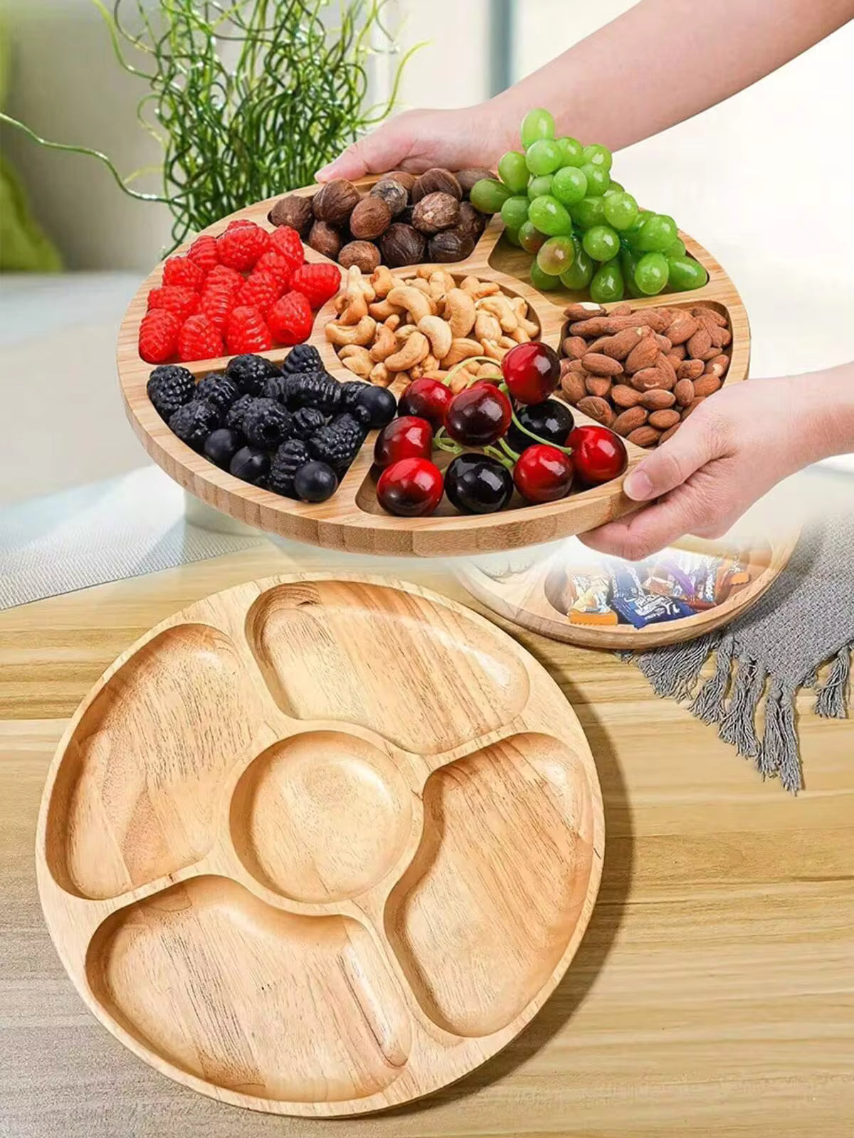 1pc Five-Compartment Round Wooden Tray, Used For Snacks, Dried Fruits, Tea, Suitable For Home, Hotel, Restaurant, Wedding Party, Kitchen, Table Decoration