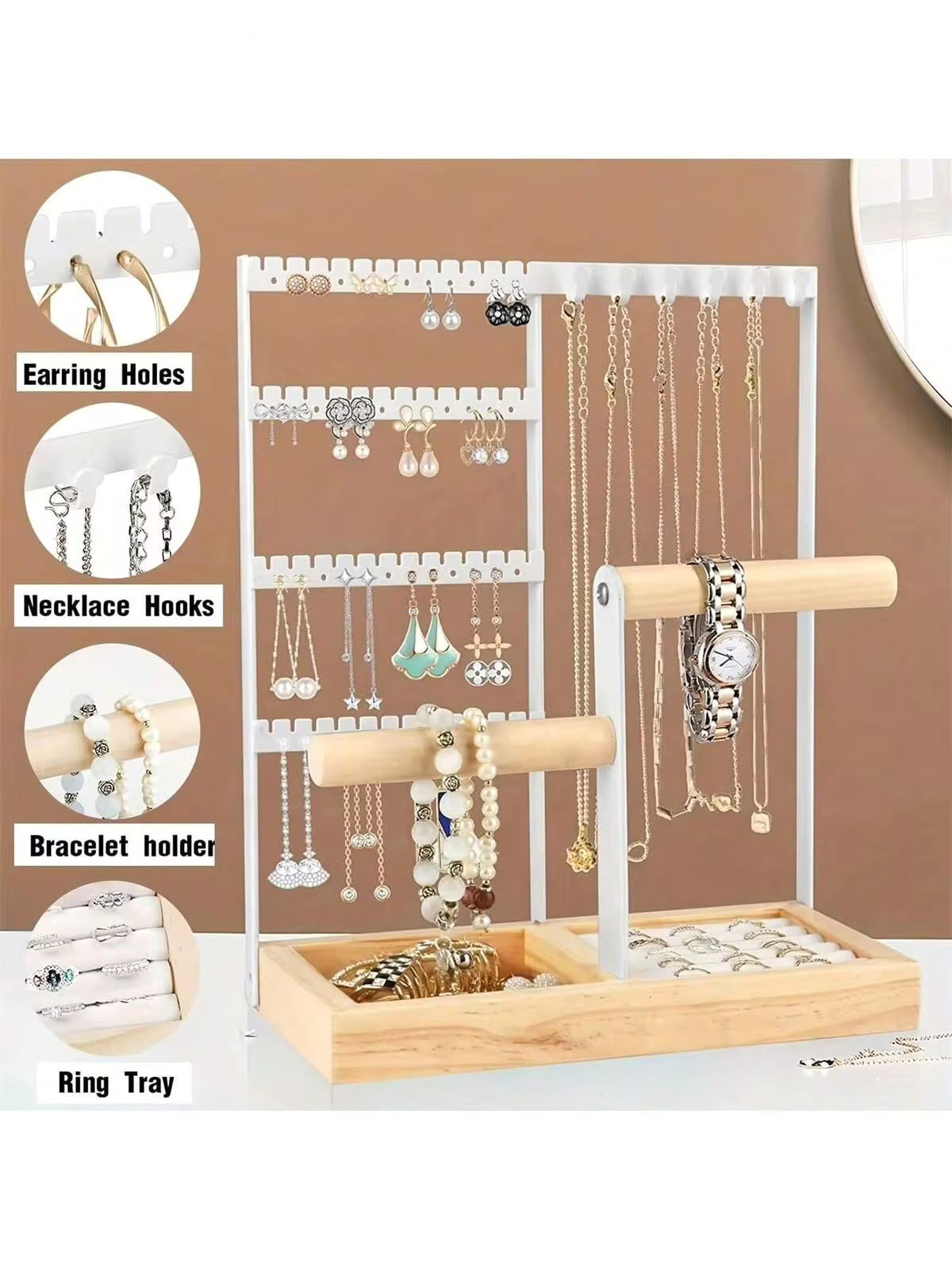 1pc Elegant Tabletop Metal Jewelry Organizer With Lacquered Finish | Versatile Storage & Display Rack For Necklaces, Earrings & Bracelets With Tray Valentine Day
