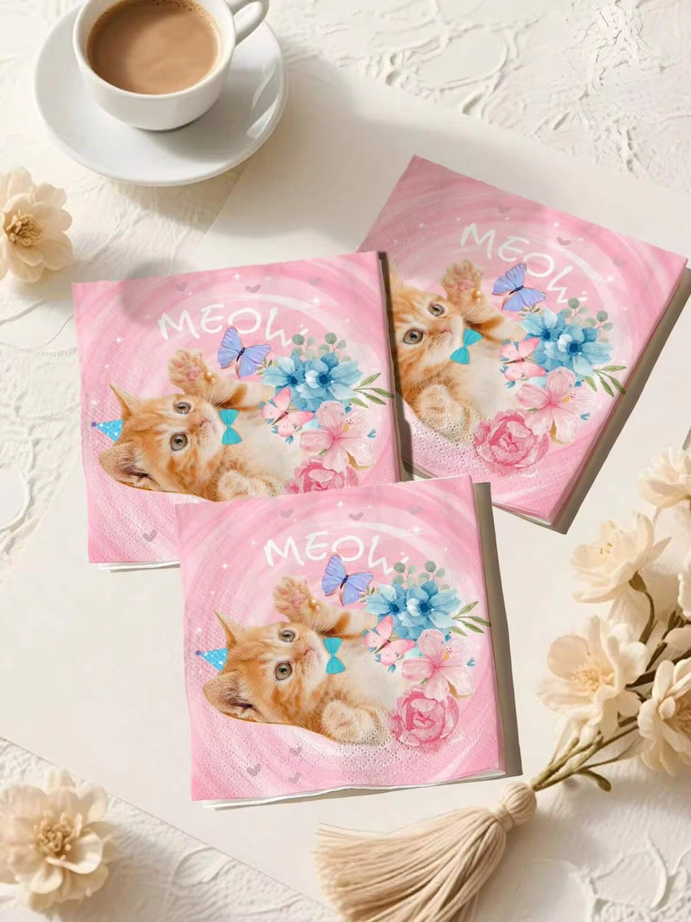 33*33CM/12.99*12.99IN Disposable Party Napkins Sweet Pink Orange Cat Theme MEOW+Watercolor Bouquet Orange Cat Print Suitable For Birthday Party Pet Cat Theme Party Afternoon Tea Party Decoration Napkins