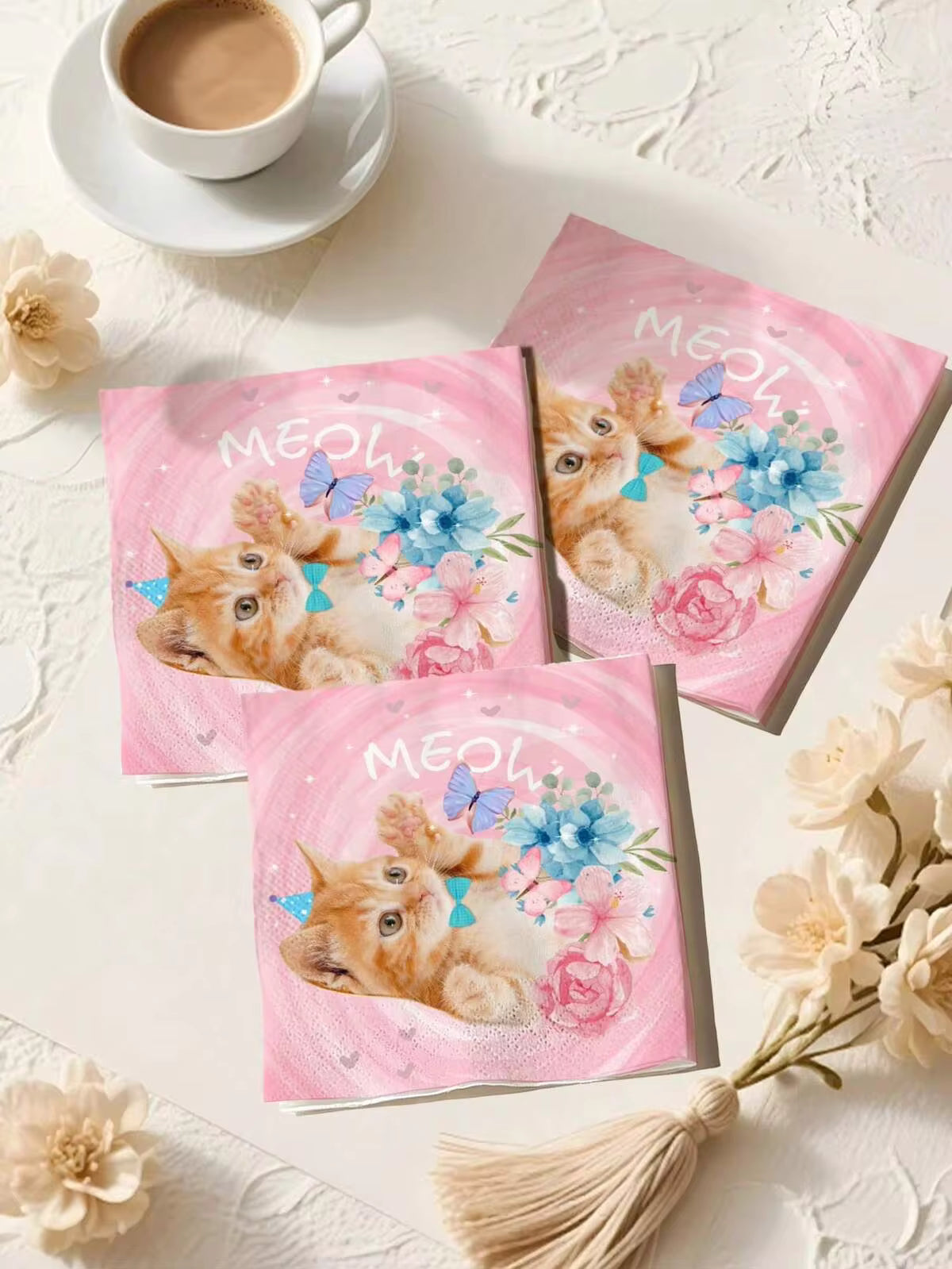33*33CM/12.99*12.99IN Disposable Party Napkins Sweet Pink Orange Cat Theme MEOW+Watercolor Bouquet Orange Cat Print Suitable For Birthday Party Pet Cat Theme Party Afternoon Tea Party Decoration Napkins