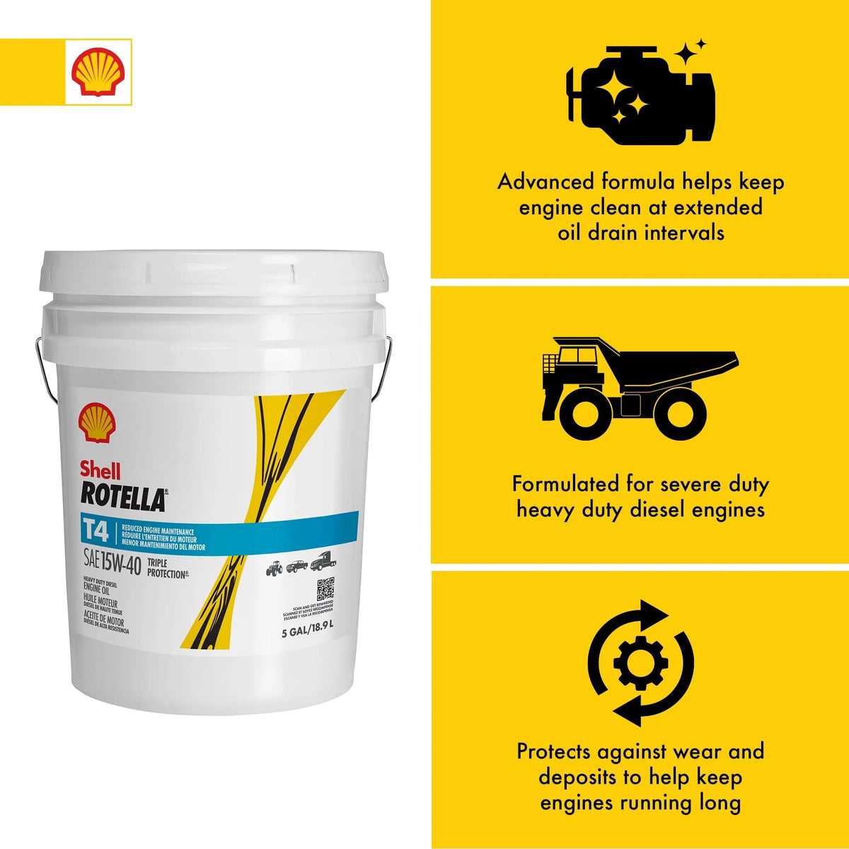 Shell Rotella T4 Triple Protection 15W - 40 Diesel Motor Oil, 5 Gallon Pail