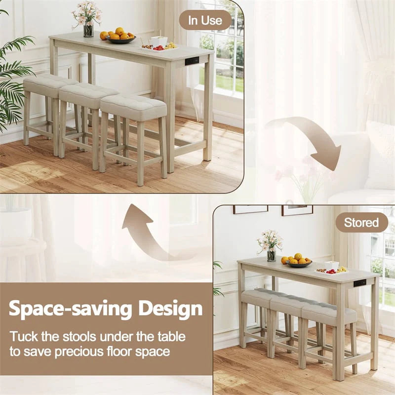 4-Piece Bar Table Set with Charging Station, 59" Counter Height Breakfast Nook Dining Set with 3 Padded Stools for Kitchen, Dinette & Small Spaces